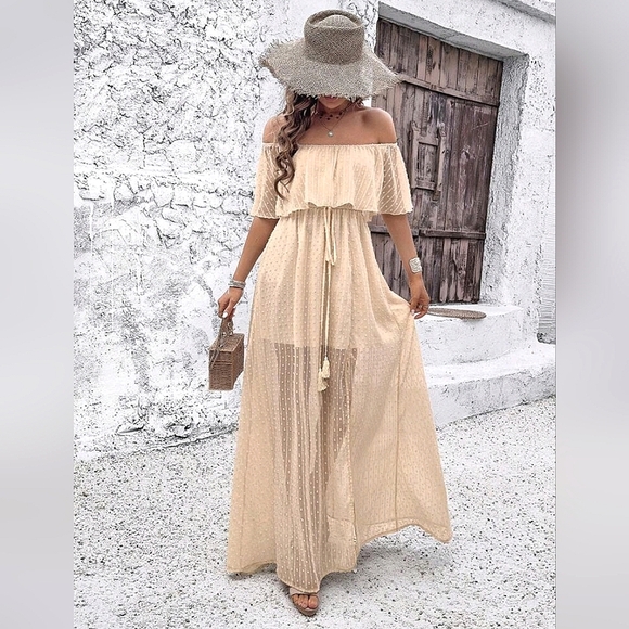 NEW Flowy Sheer Lace Off Shoulder Split Maxi Dress Cream Ivory Tan Beige - Picture 3 of 8